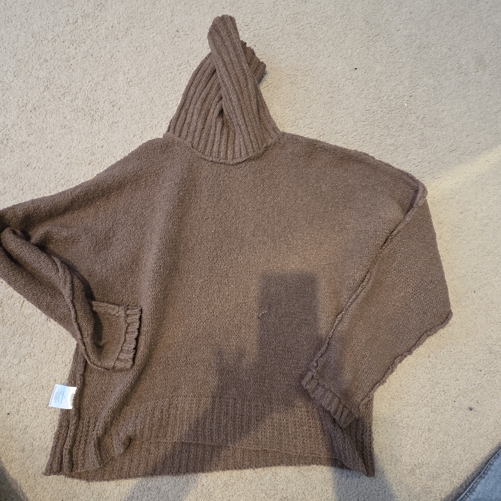 Pink Rose Brown Cowl Neck Sweater with Ribbed Detailing